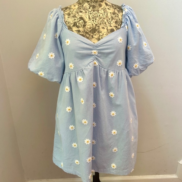 Altar’d State Blue Puffy Sleeve Daisy Dress Size Large - Picture 3 of 9